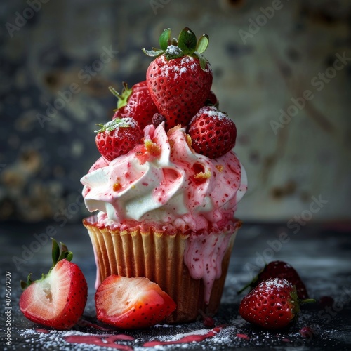 amazing diete cupcacke with strawberries ice cream, and fresh strawberries, lilttle bit of cream of greek yogurt inside photo