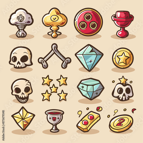 Cartoon Game Interface Icons Set.  Gems, Skulls, Coins, Stars,  Power-Ups and More