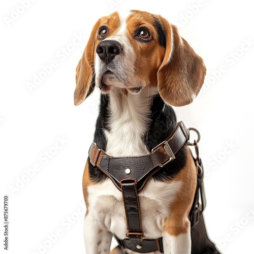 Beagle with Leather Harness Looking Up photo