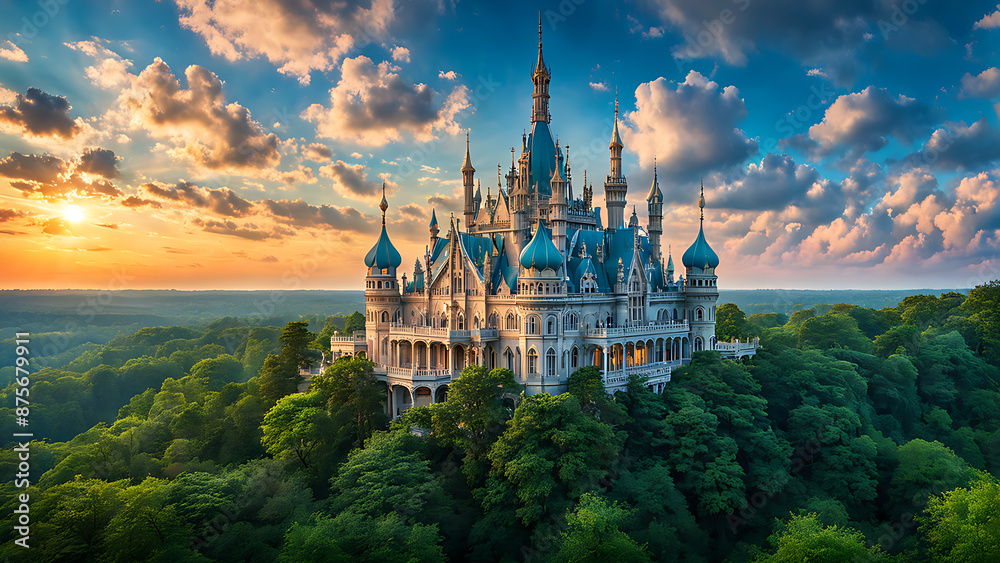 Fototapeta premium A majestic castle perched atop a lush forest, bathed in the warm glow of a setting sun.