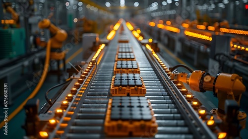  Mass production assembly line of electric vehicle battery cells close-up view  © Five Million Stocks