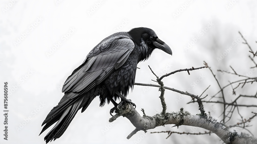 Fototapeta premium Raven Perched on a Tree Branch in Winter