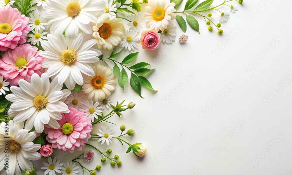 Pink and white summer flowers on white wooden background, copy space, flat layer, greeting card. Pink and white summer flowers on white wooden background, copy space, flat layer, greeting card.