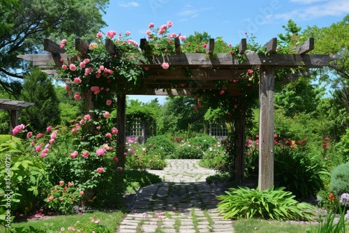Wooden Pergola Covered in Pink Roses Leading to a Stone Path