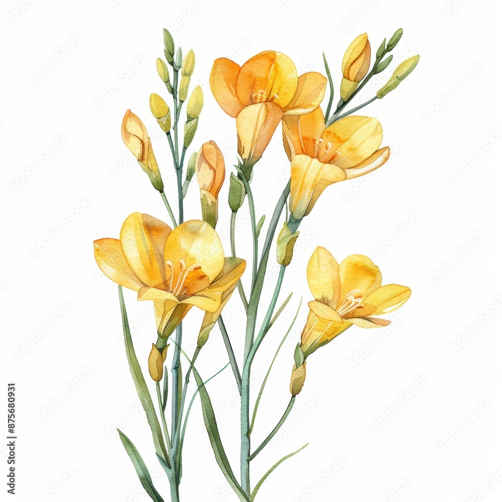 Fototapeta premium A gentle watercolor yellow freesia with slender stems isolated on white