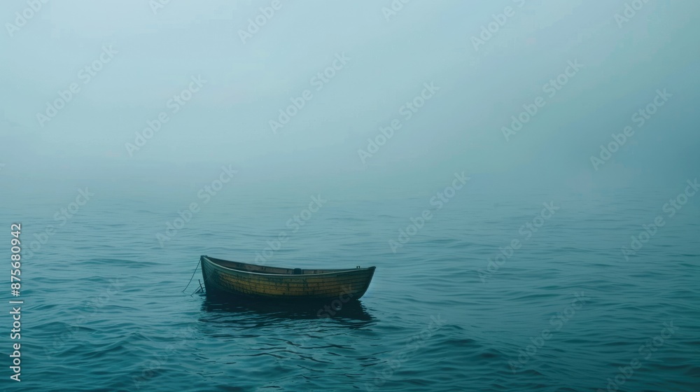 The wooden boat is a lone traveler on the ocean's expanse, its form hazy in the foggy, rain-draped surroundings The wooden boat is a lone traveler on the ocean's expanse, its form hazy in the foggy, rain-draped surroundings