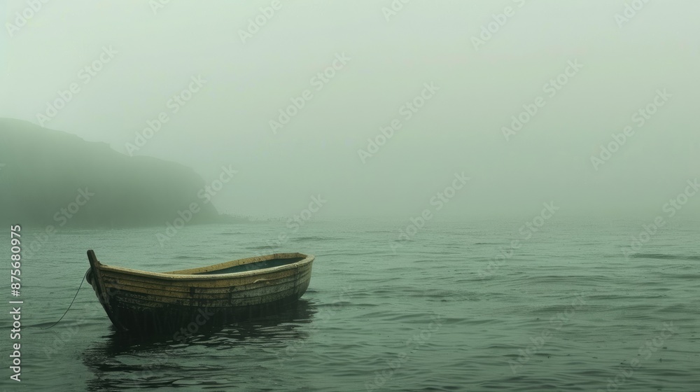 The wooden boat is a lone traveler on the ocean's expanse, its form hazy in the foggy, rain-draped surroundings The wooden boat is a lone traveler on the ocean's expanse, its form hazy in the foggy, rain-draped surroundings