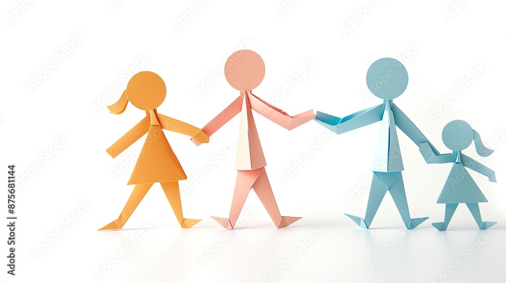 family with kids paper origami isolated on white paper. father - mother, parents and kids hand in hand family with kids paper origami isolated on white paper. father - mother, parents and kids hand in hand