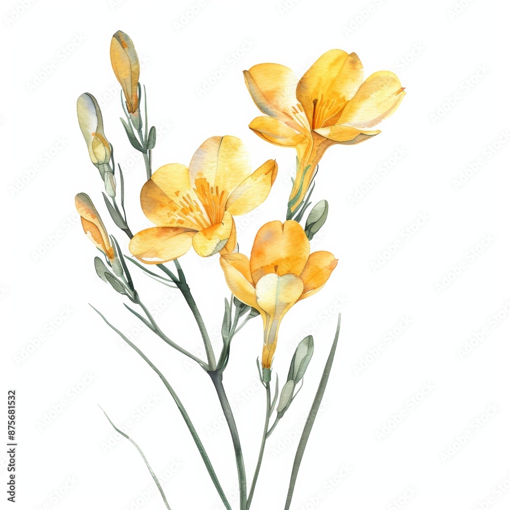 Fototapeta premium A gentle watercolor yellow freesia with slender stems isolated on white