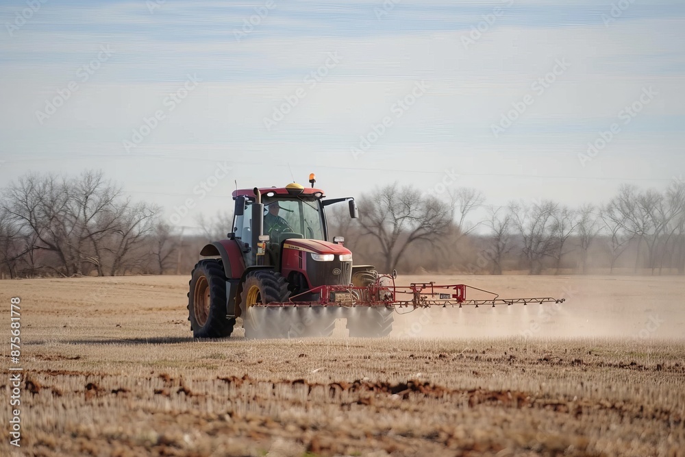 Fototapeta premium Red Tractor Spraying in a Field