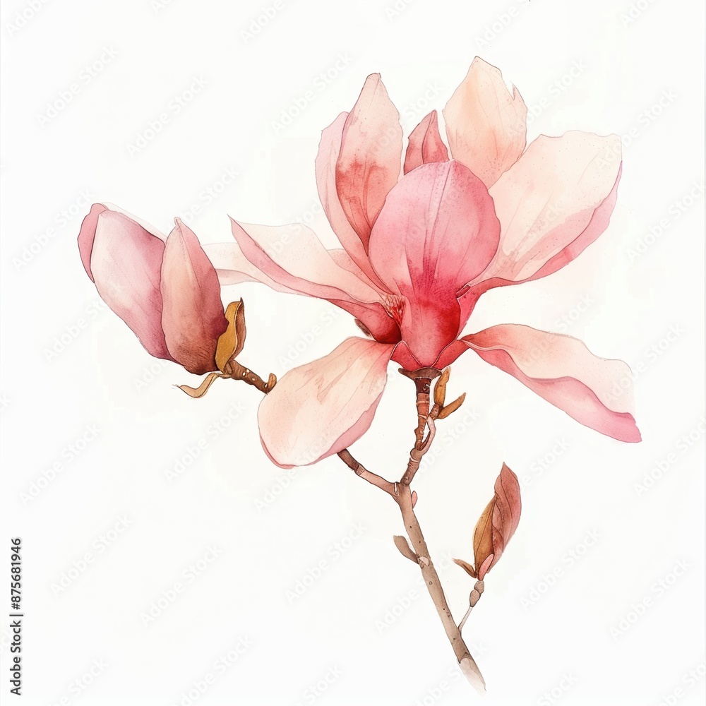 Fototapeta premium A graceful watercolor pink magnolia isolated on white background