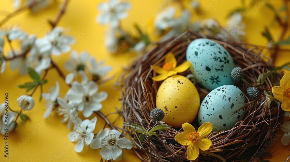 Colorful Easter Eggs in a Nest with Spring Flowers on a Vibrant Yellow Background Colorful Easter Eggs in a Nest with Spring Flowers on a Vibrant Yellow Background
