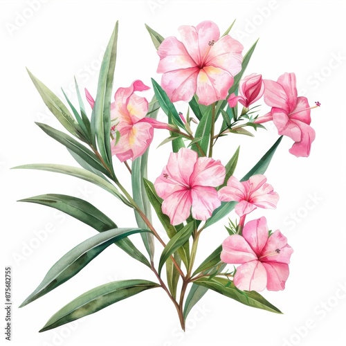 A lovely watercolor pink oleander isolated on a white background 