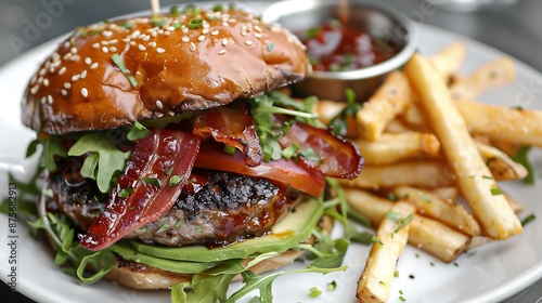 Gourmet Bacon Avocado Burger with Fresh Veggies on Brioche Bun, Served with Crispy Fries