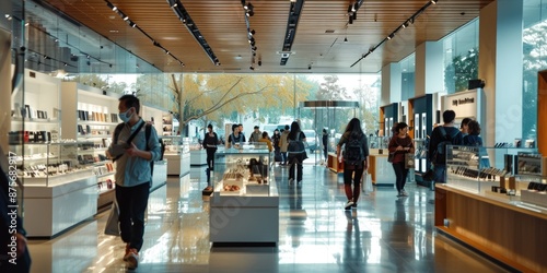 A contemporary shopping mall filled with various stores, bathed in natural light, with shoppers strolling around AIG59 photo