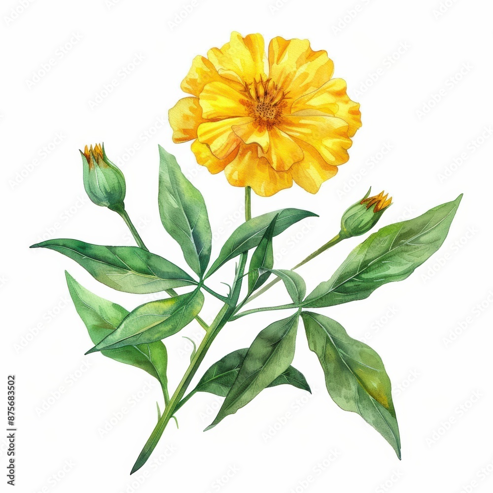 A simple watercolor yellow marigold with lush green leaves isolated on white A simple watercolor yellow marigold with lush green leaves isolated on white