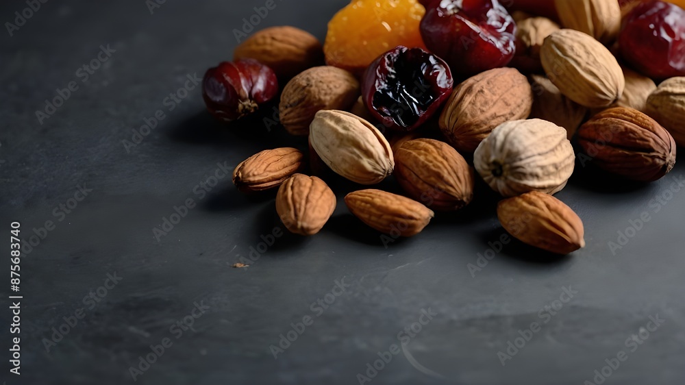 Mixed Nuts and Dried Fruit with Healthful Food Concept and Text Copy Space, Healthful Food Concept: Mixed Nuts and Dried Fruit with Text Copy Space, Mixed Nuts and Dried Fruit Featuring Healthful Food