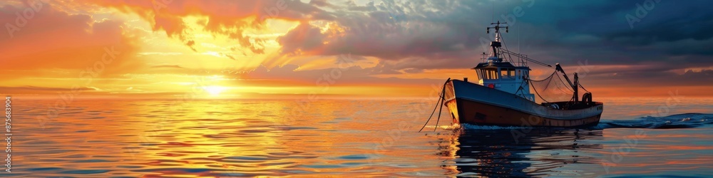 Fototapeta premium Serene Sunset Over Calm Sea with Trawling Fishing Boat: Capturing the Tranquility and Beauty of Maritime Life. Perfect for Travel Blogs, Oceanic Studies, and Nautical Enthusiasts