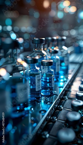 Vials with blue liquid on a conveyor belt in a laboratory setting, emphasizing pharmaceutical production and scientific research.