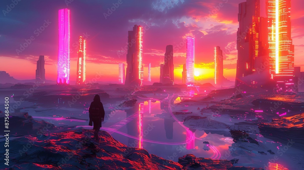 Obraz premium Futuristic neon landscape with glowing skyscrapers and colorful sunset. A silhouette stands on rocky terrain reflecting vibrant colors.