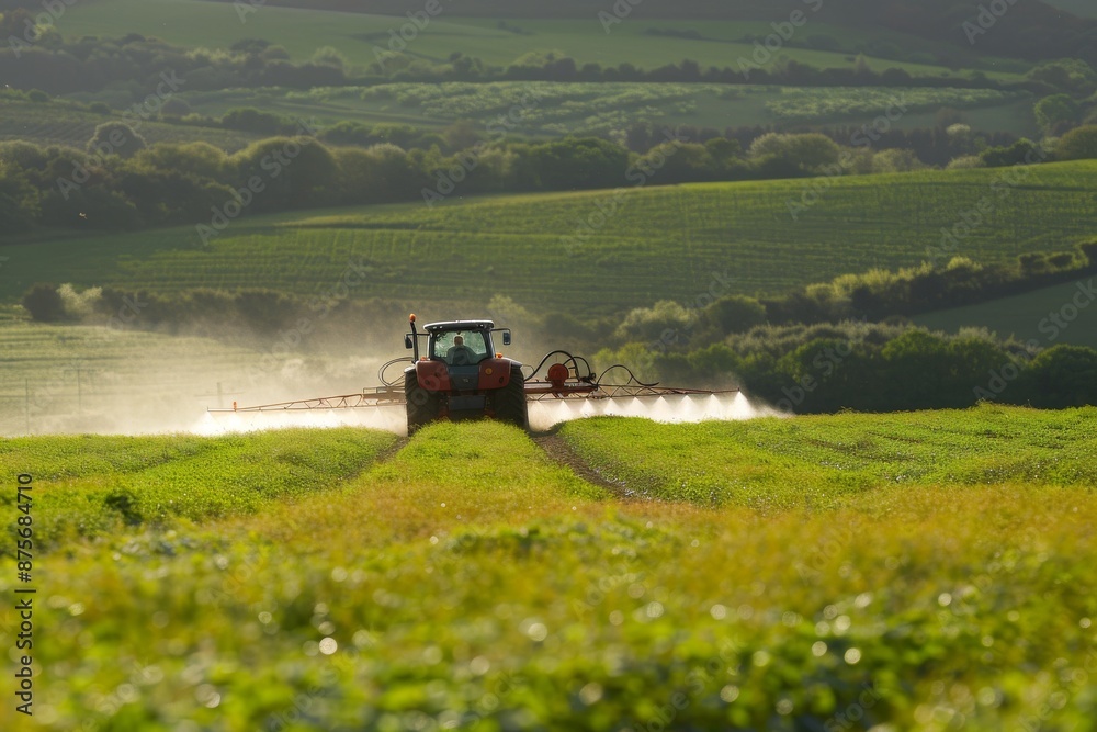 Fototapeta premium Tractor Spraying Crops in a Rolling Landscape