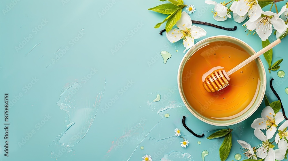 Bowl of honey with vanilla sticks and flowers on a pastel background Bowl of honey with vanilla sticks and flowers on a pastel background