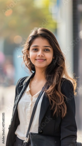 A young Indian businesswoman smiles outdoors, embracing the joy brought by urban life and student lifestyle, urban elegance with a touch of urban living, business concept. photo