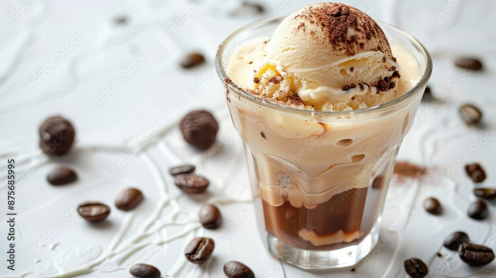 Tasty coffee affogato with vanilla ice cream in a cocktail glass on a white background Tasty coffee affogato with vanilla ice cream in a cocktail glass on a white background