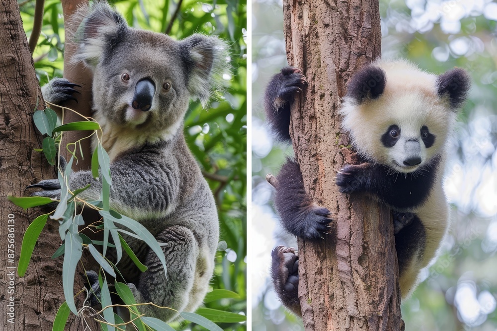 Obraz premium Koala and Panda Cubs Climbing Trees