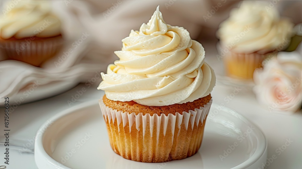 Tasty vanilla cupcake with perfect cream frosting on a white surface Tasty vanilla cupcake with perfect cream frosting on a white surface