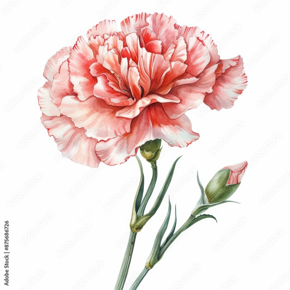 An elegant watercolor pink carnation isolated on white background An elegant watercolor pink carnation isolated on white background