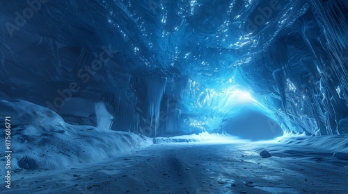 Breathtaking ice cave with glowing blue light and ice formations photo