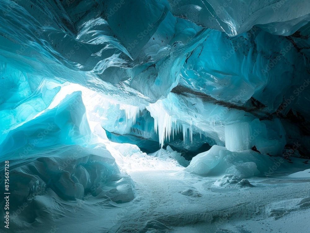 Enchanting glacier cave with dramatic ice sculptures and a blue glow Enchanting glacier cave with dramatic ice sculptures and a blue glow