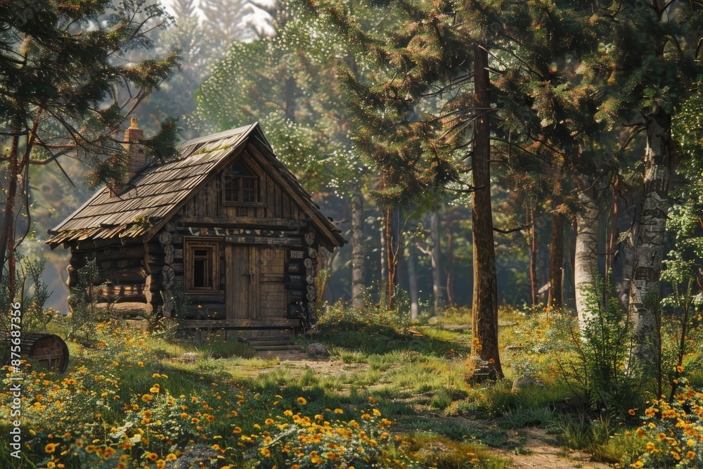 A Rustic Cabin Nestled in a Sun-Dappled Forest A Rustic Cabin Nestled in a Sun-Dappled Forest