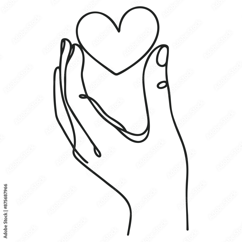 Continuous one line drawing arms hand holding heart. Vector isolated on white. Continuous one line drawing arms hand holding heart. Vector isolated on white.