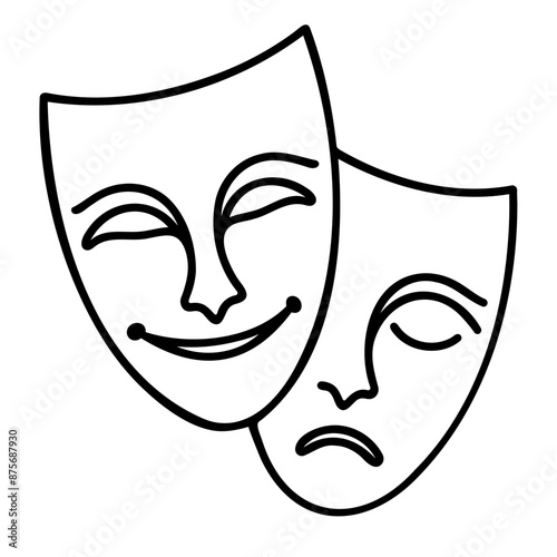 Theater Mask: Comedy and tragedy masks, representing drama and theater education. Continuous one line drawing in white background
