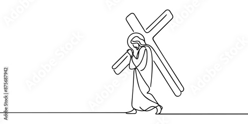Jesus Christ carrying the cross drawn continuous line. Vector illustration