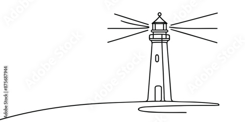 Continuous one line drawing of lighthouse tower. Simple illustration of castle hill tower, sea coast line art vector illustration