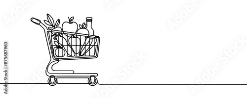 One continuous line drawing of shopping cart. Online shop purchase and supermarket symbol in simple linear style. Retail concept. Doodle vector illustration.