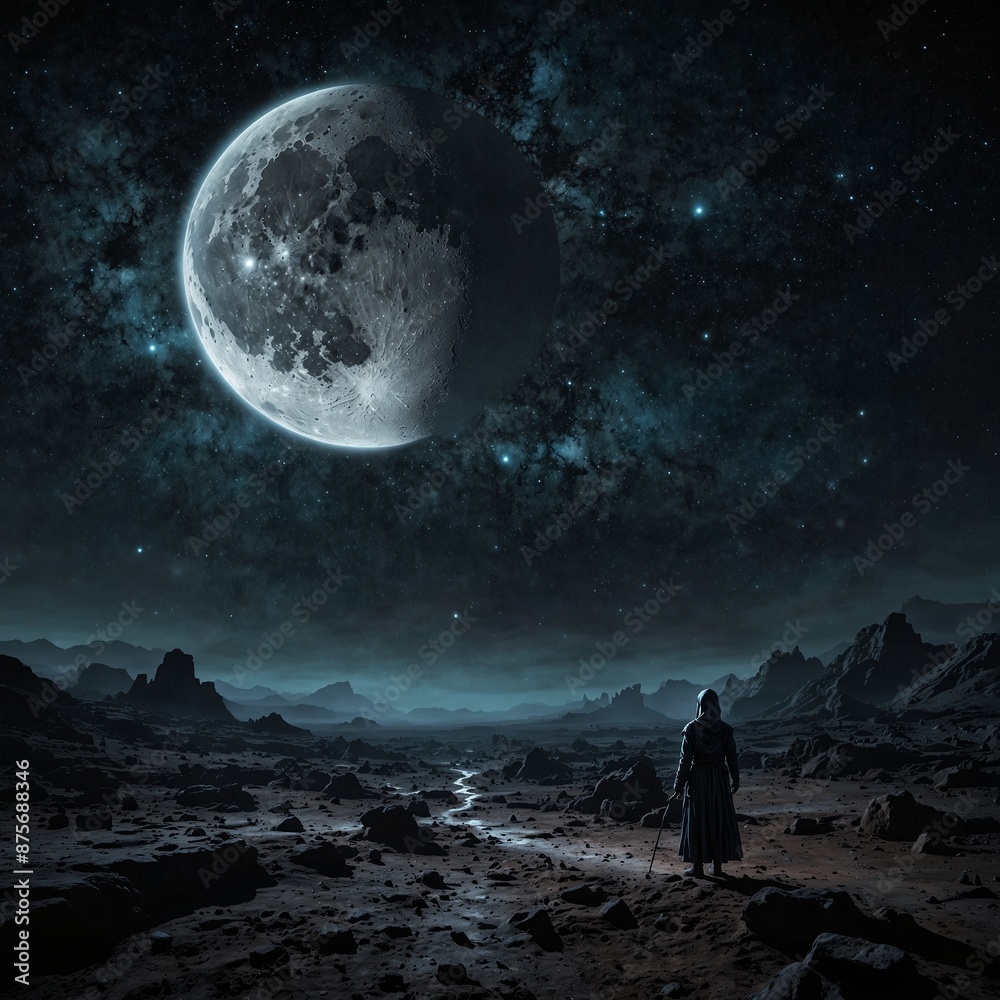 Fototapeta premium Amid the softly glowing craters of the mysterious lunar colony, a lone figure stands silhouetted against the shimmering Earth in the night sky. This image is a digital painting, capturing the ethereal