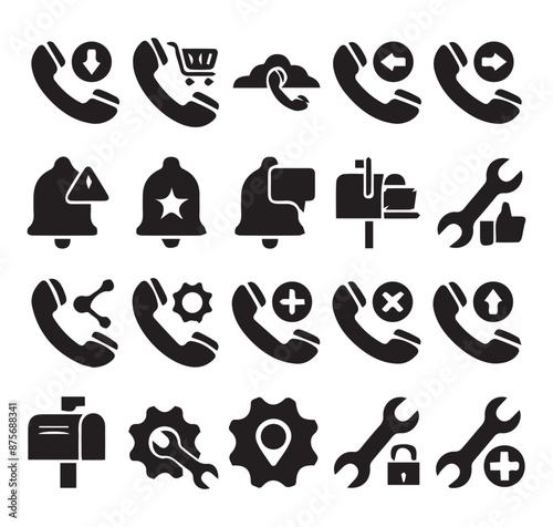 Phone icons set. icon bundle. call Customer service and support icon set. mobile, calling, contact, message, communication, call, cellular, vibrate, shopping cal and more. Vector illustration eps 10