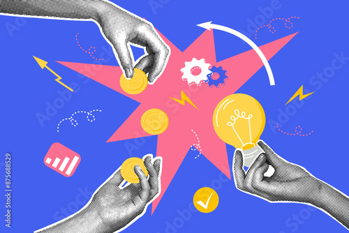 Fashionable halftones collage business concept. Concept of idea, financial profit, favorable terms. Trendy modern retro illustration in bright trendy colors.Business concept, financial planning banner