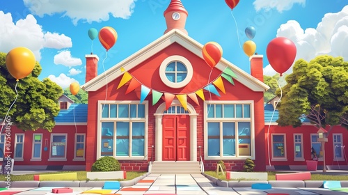 A school building with balloons in the style of cartoon, 3d rendering. back to school