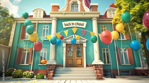 A school building with balloons in the style of cartoon, 3d rendering. back to school