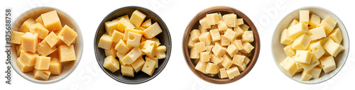 Bowl with tasty cheese cubes, PNG set