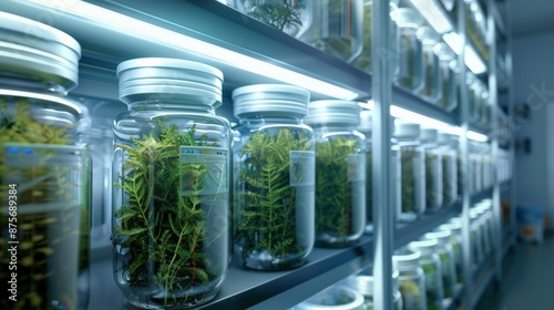 A row of glass jars filled with green plants. The jars are lined up on shelves, and the plants inside are all different sizes and shapes. The scene gives off a sense of order and organization © Alice a.