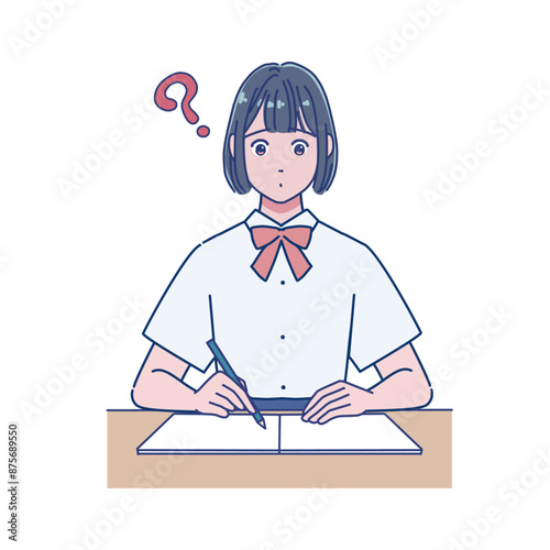 机で勉強するアニメ風の女子生徒