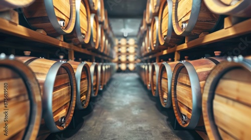 A long row of wooden barrels with a light shining on them. The barrels are lined up in a row and are all the same size