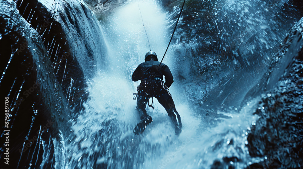 Naklejka premium hombre practicando cañonismo deporte extremo de aventura y adrenalina haciendo rapel por las cascadas en los cañones