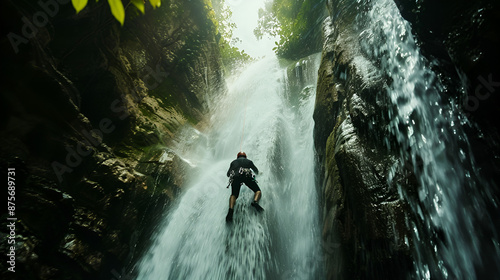 descendiendo con equipo de rapel por las montañas por la cascada practicando cañonismo deporte extremo aventura riesgo y adrenalina bajando por un acantilado photo